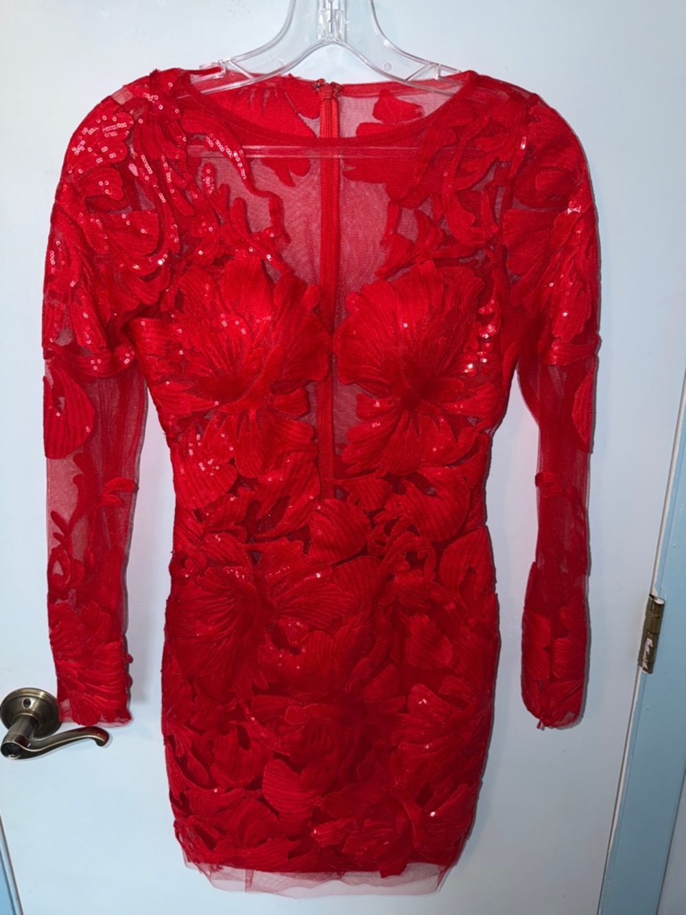 Jovani Red Floral Appliqué Sheer Long Sleeve Cocktail Dress